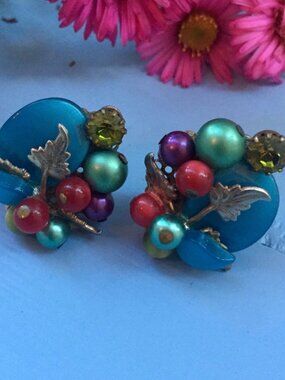 Vintage Mid Century Clip-On Earrings, 1950s Enamel and Bead and Fruit Earrings